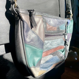 UNUSED 1980s 10”x 7 1/2” Genuine Soft Leather Patchwork Crossbody/Shoulder Bag w/24” Strap; Vintage Black/Grey/Green/Brown/Blue Leather Bag