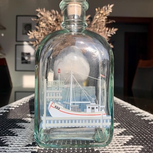 Unused Vintage 7 3/4”x 4” HOLMEGAARD Nautical Glass Decanter w/Cork & Metal Stopper Designed by MICHAEL BANG c.1983; 25 floz Danish Barware