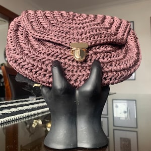 Unused Handmade 10 3/4” x 8 1/2” Macrame Yarn Crocheted Large Clutch In A Gorgeous Amethyst/Eggplant Hybrid w/Gold Metal Accent/Closure