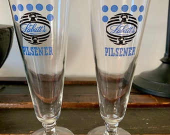 Rare Pair(2) of Atomic Style In Blue/Black LABATT’S 8.5 fl oz Pilsner Glasses; Mid-Century Tapered, Stemmed Pedestal Beer/Cocktail Glasses