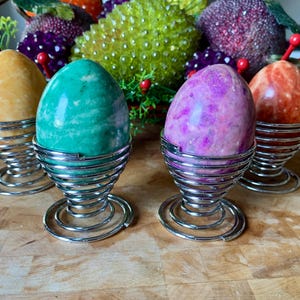 Vintage Pairs/2 of 2”x2” Danish Modern Stainless Steel/Chrome Spiral Wire Egg Cups w/Spring Base; MCM/Atomic Style Kitchenware c.1970-90s