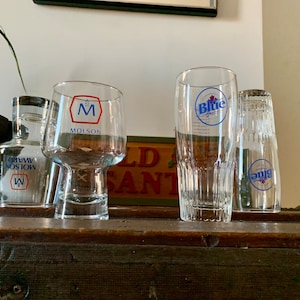 UNUSED Vintage Sets Sold Separately: 13 fl oz MOLSON Award Stout Pint Glasses c.1960/70s and 12 fl oz LABATT Blue Pilsner Glasses c.1980s