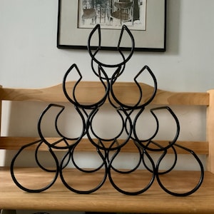 Black Metal/Iron 1990s Minimalist 14 1/2”x 16 Freestanding Pyramid Shaped 10 Bottle Wine Rack; Vintage Streamlined Modernist Decor/Barware