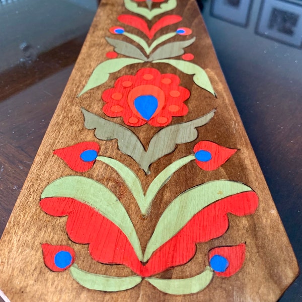 Vintage 17”x 4.5” Handmade Vibrant Solid Wood Folk-Art Cutting/Bread/Charcuterie Board Purchased In Europe c.1960s; Rosemaling Wall Decor
