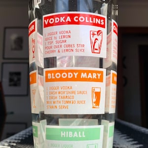 Unused Mid-Century 8 1/4”x3 3/4” Vibrant HAZEL ATLAS Recipe Cocktail Shaker Glass Used For Display Only c.1950-60s; Art Deco Styled Barware