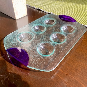 Discont’d 10 1/4”x 6 3/4” DANSK “Spectra” Stippled Art Glass Tray w/Vibrant Handles; Modernist Scandinavian Home Decor/Serving-ware