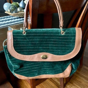 Sac à main italien IL PORTICO vintage luxueux en velours vert émeraude et cuir beige, vers 1950-1960, intérieur en cuir