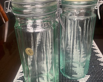 Vintage 11”x4” HERMETIC Blown Glass Jar/Canister w/Snap Lid Closure; Made In Italy; Sold Individually or As A Pair; Sea Green Glass Storage