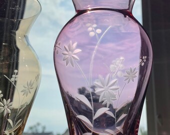 Vintage 7” ROYAL DANUBE Floral Etched Hand-cut Yellow & Pink