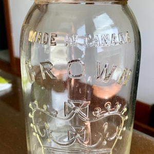 Depression Era 8”x3 7/8” Embossed CROWN IMPERIAL Qt Glass Mason Jar w/Glass Lid/Zinc Sealer c.1935; Vntg Fruit/Preserves Canning/Storage Jar