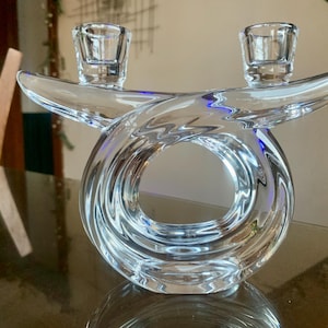 Elegant Vintage 5 3/4”x 7 3/4” VANNES LE CHATEL Art Deco Style French Crystal Double Loop Candlestick Holder w/Acid Etched Signature On Base