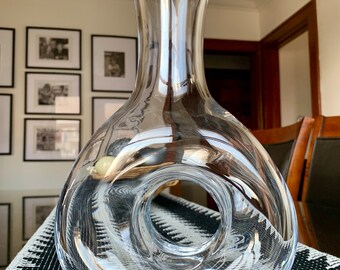 XL Unused, Elegant 12”x 7 1/4” Handcrafted Crystalline Pierced Carafe Made In Poland; Handblown Upscale Donut Hole Carafe; Gift for Couples