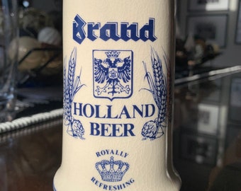 Vintage Hand Crafted & Decorated 15 fl oz Brand Brewery Ceramic Beer Stein For ROYAL HOLLAND; Brand Holland Beer Blue/Off White Beer Tankard