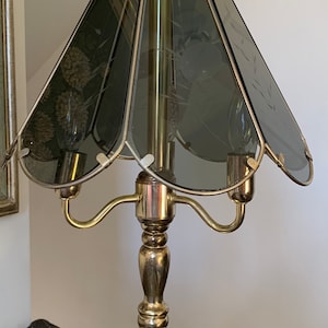 Large 1980s 24”x 14” Brass & Etched Smoke Glass 8 Panelled