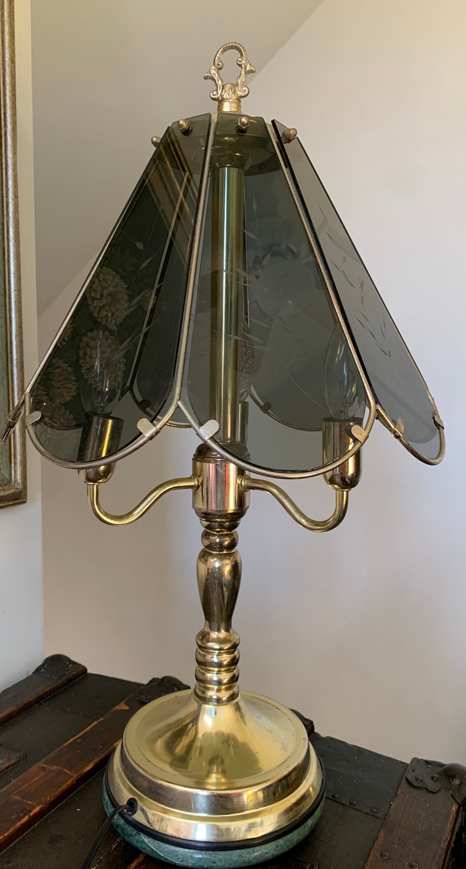 Large 1980s 24”x 14” Brass & Etched Smoke Glass 8 Panelled