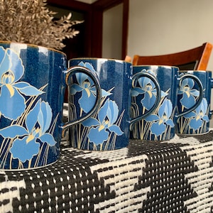 Unused Pairs of 1980s Collectible 8.5 floz OTAGIRI JAPAN “Blue Iris” Hand-painted Speckled Stoneware Mugs; Ceramic Coffee/Tea Mug w/Flowers