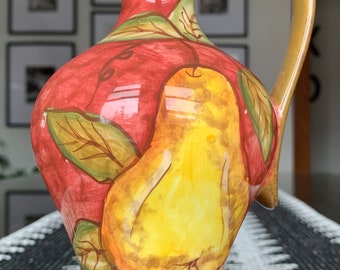 Unused 9 3/4”x 4 1/2” Vibrant Hand-Painted Pear/Fruit & Leaf Designed Ceramic Flared/Tulip Shaped Italian Olive Oil Cruet w/Large Handle