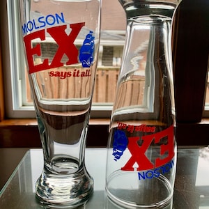 A Pair of Large 1970-80s 22 floz Vibrant MOLSON EX Pint Glasses w/Schooner Image| Vintage Molson Export Ale Collectible Barware| Pilsner Set