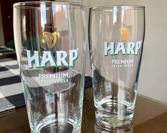 Vintage Pair/2 of 20 oz Authentic HARP Premium Irish Lager Pint Glass w/Official Guinness Logo (Green Version) Collectible Irish Breweriana