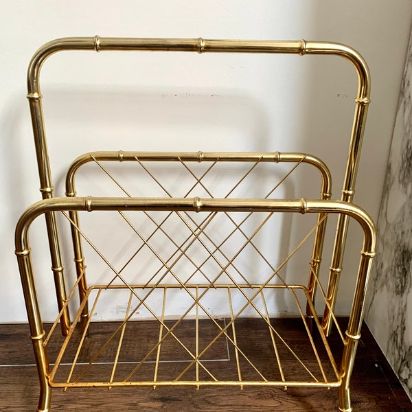 Mid-Century Metal Magazine Rack; Chinoiserie Brass Plated Media Storage; Vintage Display Vinyl/Book &/or Collections; MCM Magazine Stand
