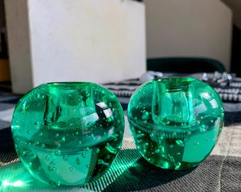 A Pair of Mid-Century Modern 2”x 2 1/2”Handblown Emerald Green Art Glass Candlesticks; Vintage Bullicante Orb Taper Candleholders c.1960-90s