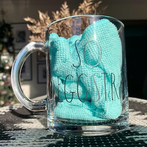 Authentic, Unused, Discont’d RAE DUNN 16.5 floz “So Eggstra” Double-sided Glass Coffee/Tea Mug w/Black Farmhouse Font; ENCHANTE Collection