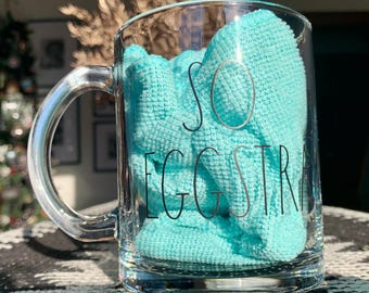 Authentic, Unused, Discont’d RAE DUNN 16.5 floz “So Eggstra” Double-sided Glass Coffee/Tea Mug w/Black Farmhouse Font; ENCHANTE Collection