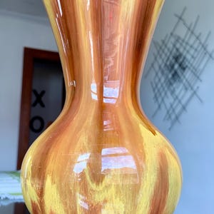 Vintage 8 7/8”x 4 3/4” BLUE MOUNTAIN POTTERY Harvest Gold Trumpet Vase Studio Pottery w/Attribution; Drip Glaze Ceramic Decor c.1960-70s