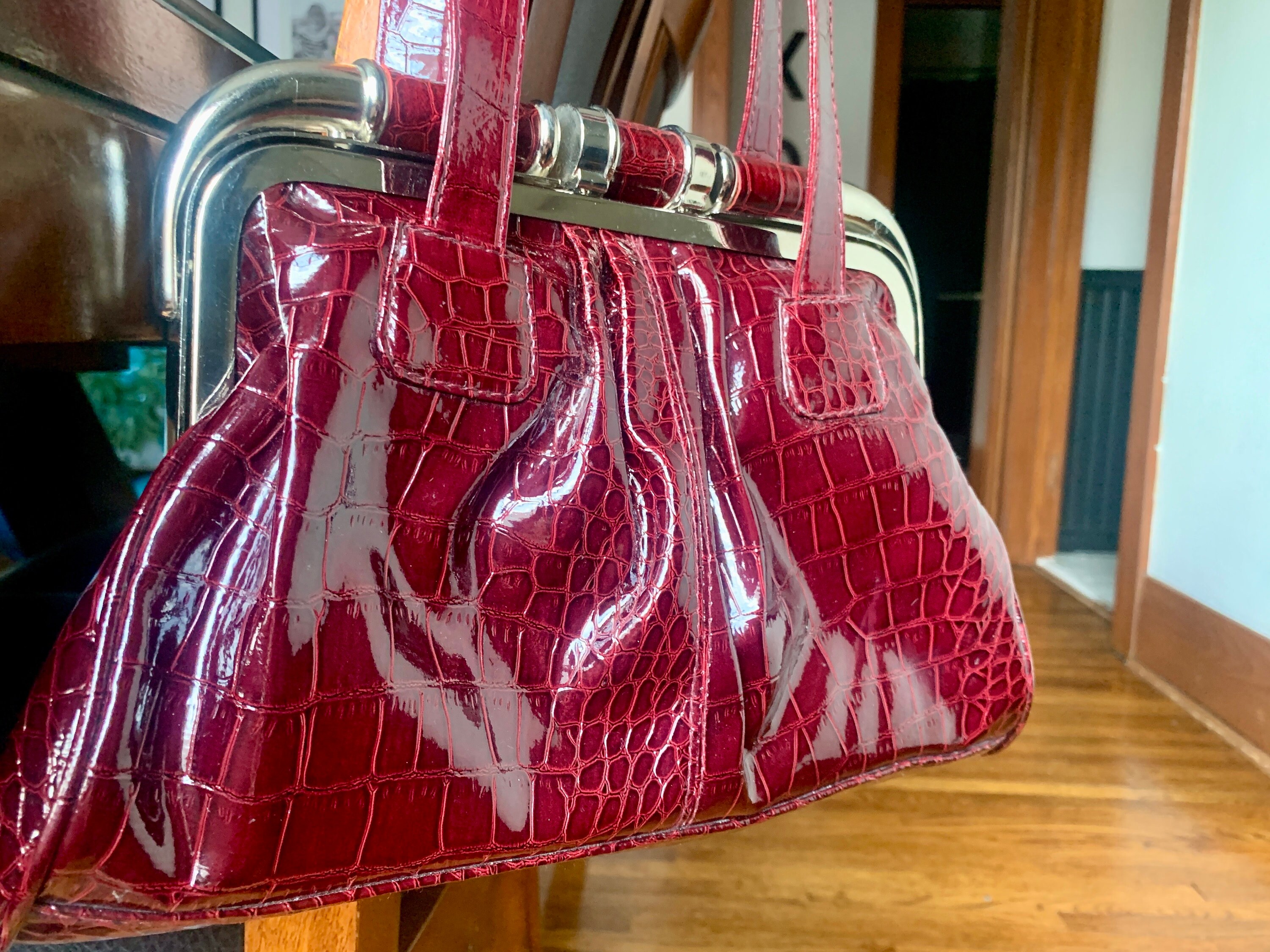 Unused 19” Vintage Burgundy Embossed Crocodile Print Patent