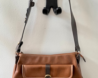 Vintage 14 3/4” Tan/Brown Leather Shoulder Bag Adorned w/Dark Brown Leather Straps/Piping c. 1960s; Numerous Organizational Compartments
