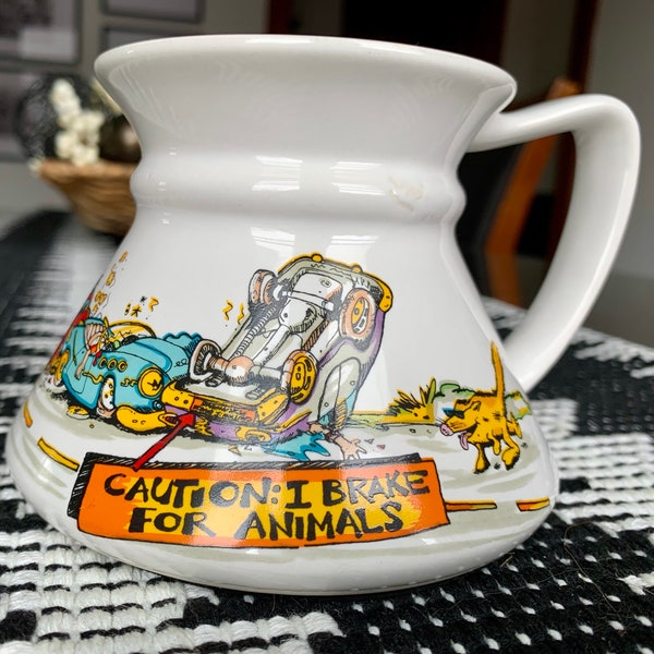 Vintage 11.5 floz JOHN LAMB “Caution: I Brake For Animals”  Ceramic Stoneware No Spill, Wide Base Coffee Mug w/ Non-Slip Foam Bottom c.1980s
