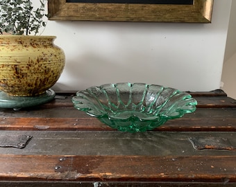 Vintage 11”x11” Multi-Series Flower Shaped Green Crystal Glass Bowl Designed by SIDSE WERNER for HOLMEGAARD c.1979; Danish Modern Art Glass