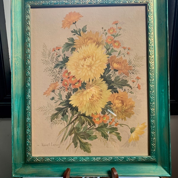 Vintage Mid-Century Robert Laessig Floral Lithograph Art Print c. 1971 Stapco N.Y.; Refinished Vintage 17” x 14” Wood Frame/Glass; Wall Art