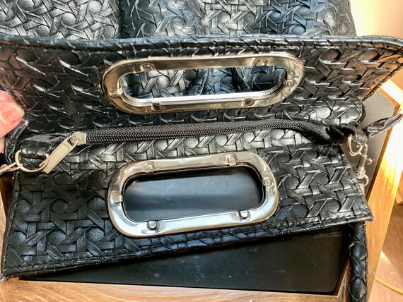 Vintage Black Woven Leather Handbag w/Top Handle … - image 9