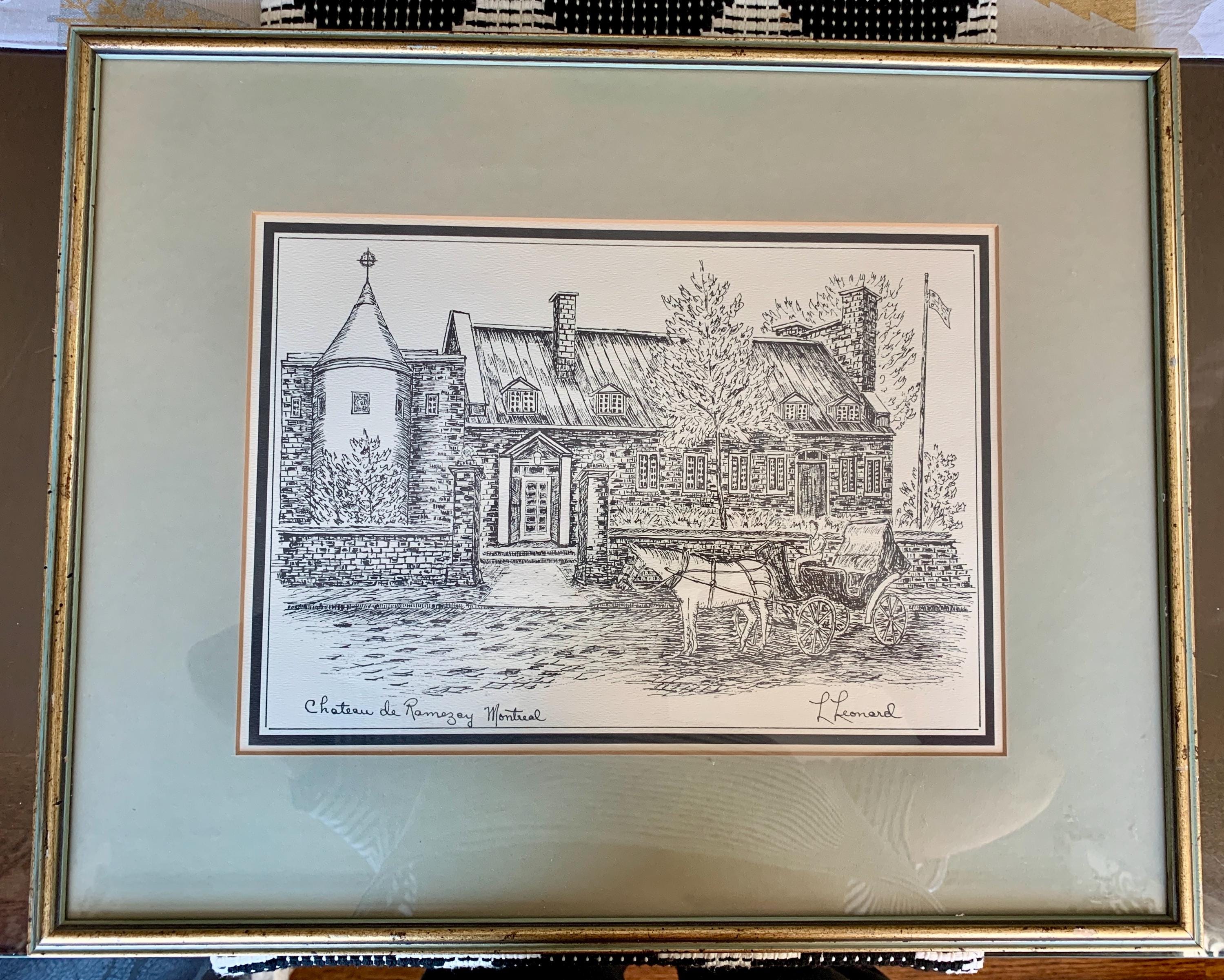 Mid-century 16 1/2”x 20 1/2”etched Artwork “chateau De