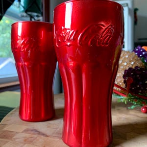 Unused Pair of 11.5 floz Vibrant Metallic Red/Silver COCA-COLA Contour Glass Tumblers; Limited Ed Collectible European Glasses by ARC France