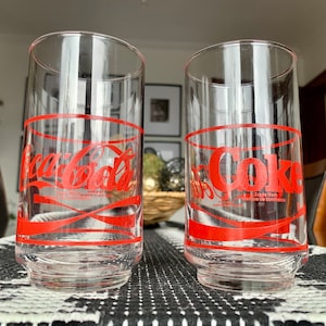 Unused Vintage Pair/2 of 11 fl oz COCA-COLA Glasses Featuring Double Sided, Vibrant Red Cursive/Printed Logo w/a Pedestal Base c.1960-70