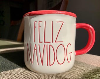 Unused Authentic 18.5 floz Discont’d RAE DUNN Oversized “Feliz Navidog” Ceramic Coffee Mug w/Red Rim/Handle Farmhouse Series By Magenta