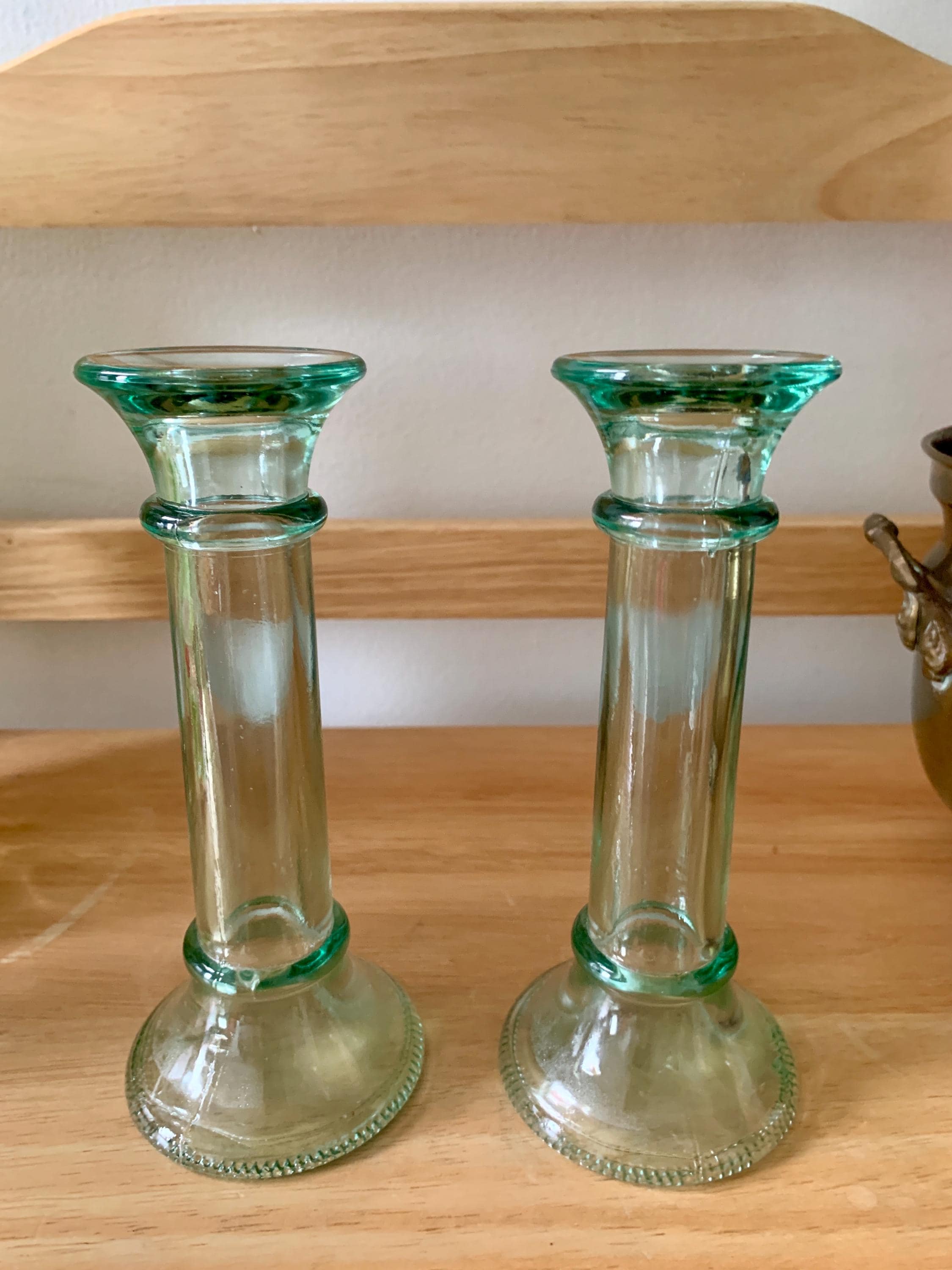 A Pair/2 of Vintage 7 1/8” VIDRECO by LA MEDITERRANEA Spanish Green Recycled Glass Pillar Candlestick Holders; 1990s Sustainable Home Decor