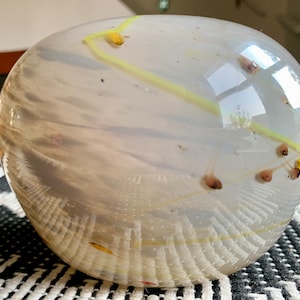 Unique Vintage 4”(h)x 6”(d) Mottled Grey/White Art Glass Orb Vase w/Vibrant Spatter Type Design in Reds/Yellows/Browns c.1979 Signed/Dated