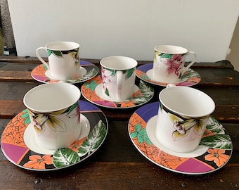 Rare Ten Piece Set Of Vintage MIKASA Maxima ‘Amorosa’ Fine China Cups & Saucers; Discontinued Pattern (CAK36) C. 1992-95; Made in Japan
