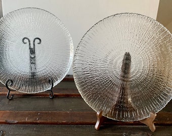 Vintage Pair of 12”x12” ARCOROC Glass Spiral Swirl Serving Plates; Ammonite Fossil Made In France c.1970s;Textured Glass Similar to Iittala
