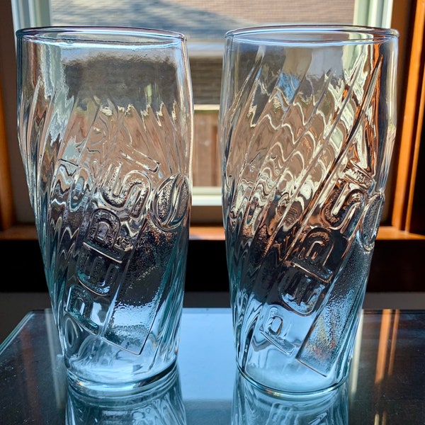 Unused Rare Pair/2 of 6 1/4”x 2 3/4” Handblown 15 floz PEPSI Glasses w/Embossed Logo/Design c. 1980s; Collectible Glassware; Vintage Barware