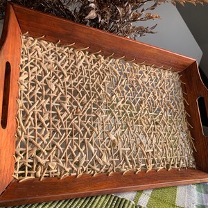 Mid-Century 19”x12” Rectangular Handled Wood & Raffia/Wicker Serving Tray; Vntg Decorative/Functional Rustic/Boho/Coastal Tray or Wall Decor