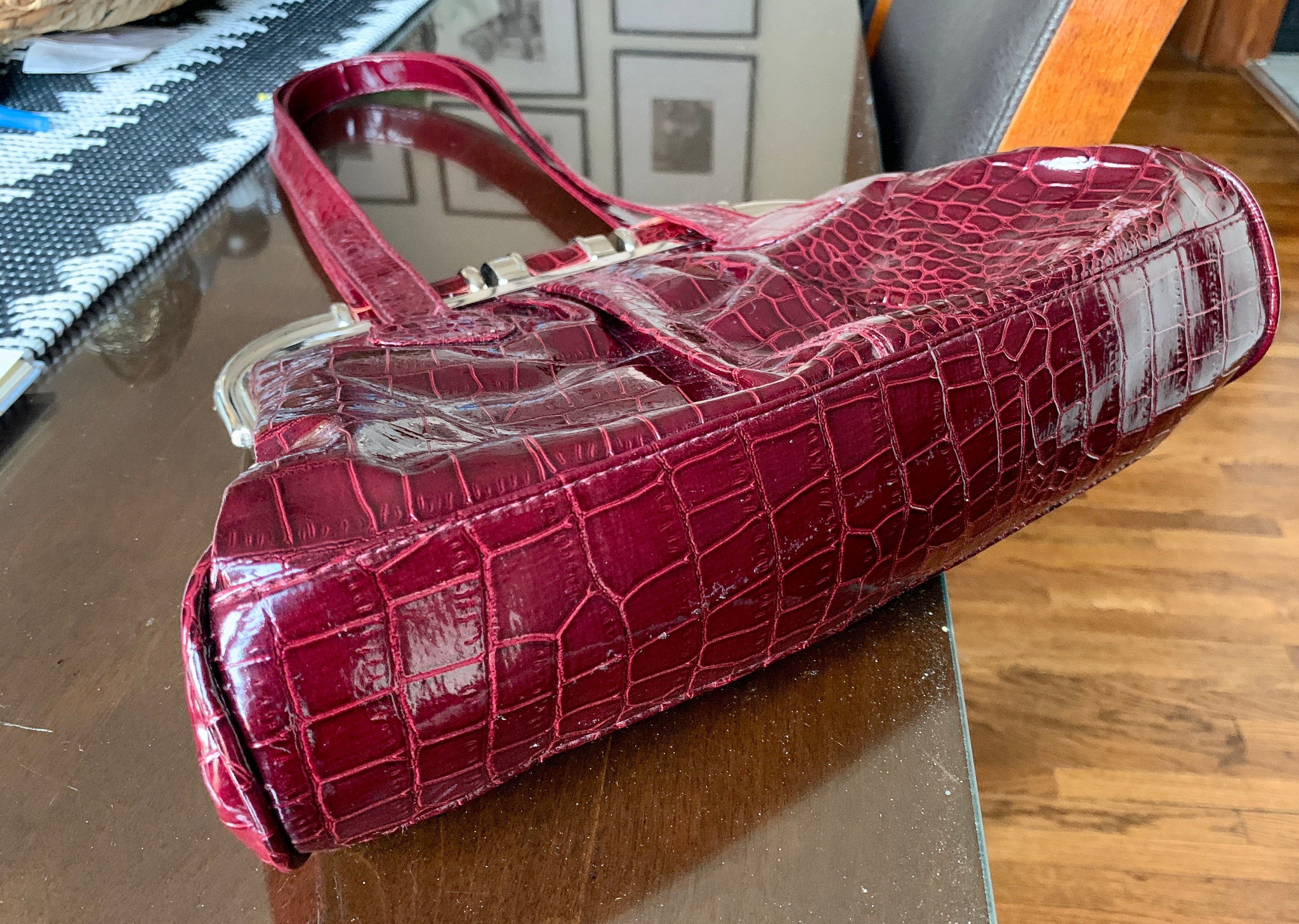 Unused 19” Vintage Burgundy Embossed Crocodile Print Patent