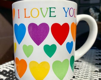 Unused Retro 3 1/8”x4 1/2” Vibrant Rainbow Hearts“I Love You” 9 fl oz Ceramic Coffee Mug by CAMERON JAPAN c.1980s; Rainbow Love Mug; LGBTQIA