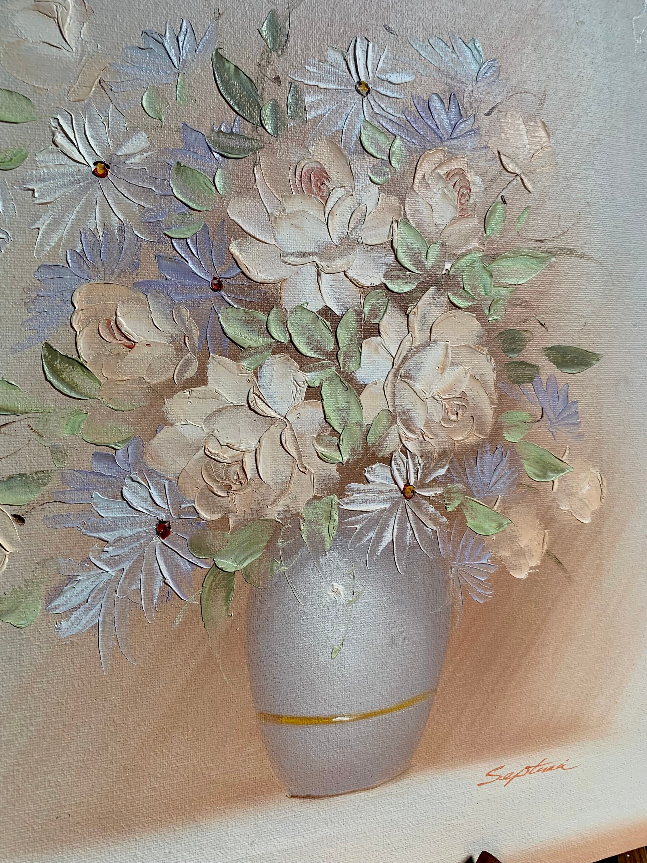 Vintage 16”x12” Pastel Floral Oil Painting on Canvas C.1970