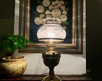 Antique 18”x 7 1/4”Brass Lamp Converted Oil Lamp Made In England w/Vintage Clear Scalloped Glass Shade Adorned w/White Floral/Gold Detailing