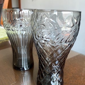 Unused Pair/2 of Embossed 12 floz COCA-COLA Smoke Black Diamond/Stripe Design Limited Ed Contour Glass Tumblers Made Annually For McDonald’s