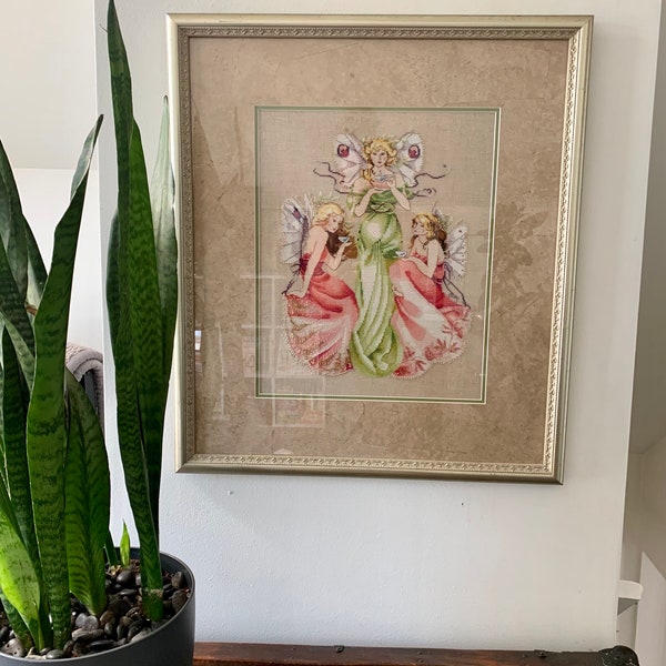 Vintage Handmade & Professionally Framed 22”x25” MIRABILIA “Three for Tea” Fantasy Fairy Cross Stitch; Large Wall Art w/Art Deco Frame